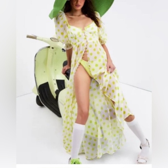 New! For Love And Lemons Megan Polka Dot Puff Sleeve Maxi Dress 2623 - Picture 2 of 15